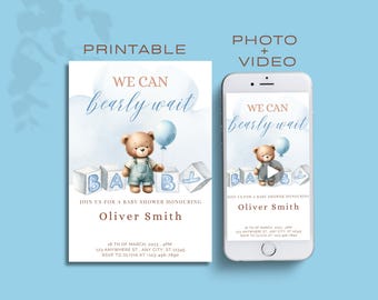 Boy Baby Shower Invitation, Bearly Wait Baby Shower Video Invite, Teddy Bear Baby in Bloom Digital invite, Animated Baby Shower Invitation