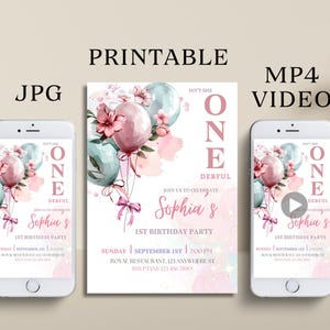 Onederful 1st Birthday Girl Video Invitation, First Birthday Girl Animated Invite, Electronic Invitation, One Year Editable Template Evite