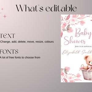 May include: A pink and white baby shower invitation with a watercolor illustration of a teddy bear in a basket. The text reads "Baby Shower" and "Join us in honour of Elizabeth Smith".