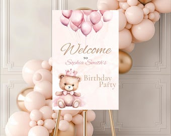 Welkomstbord verjaardag teddybeer, welkomstbord meisje verjaardagsfeestje, welkomstbord 1e verjaardag, bewerkbaar roze welkomstbord eerste verjaardag