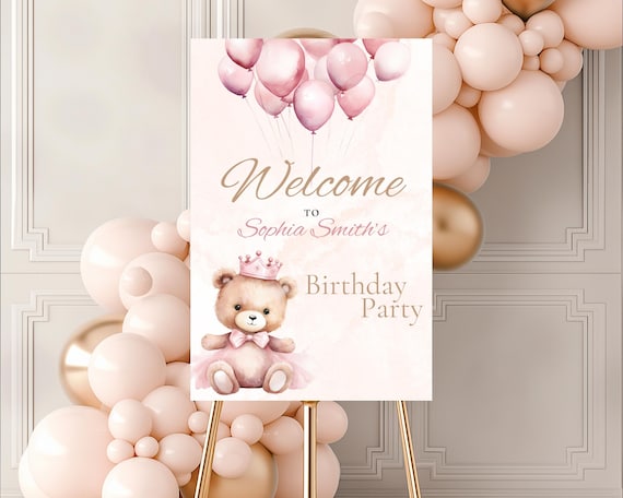Teddy Bear Birthday Welcome Sign, Girl Birthday party Welcome Sign, 1st Birthday Welcome Sign, Editable Pink First Birthday Welcome sign