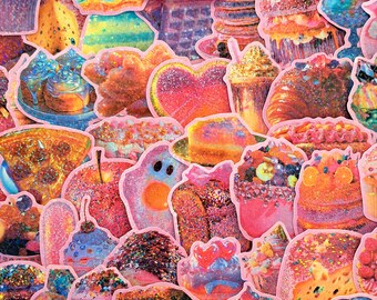 Pacchetto di adesivi per dessert glitterati: adesivi olografici per dolci kawaii, torte scintillanti e gelati