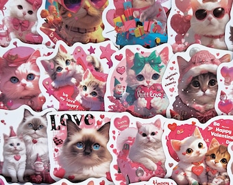 Pacchetto di adesivi romantici con gatti, adesivi di gattini per San Valentino, illustrazioni di gattini rosa pastello, decorazioni a forma di cuore