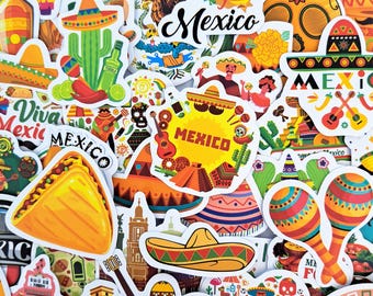 メキシコ文化ステッカーパック - メキシコの伝統的な食べ物、祭り、マラカスのデザインステッカー