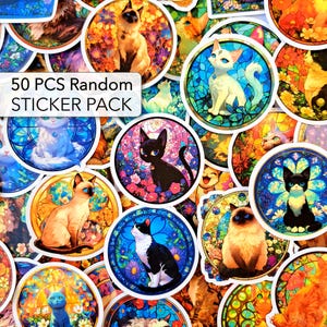 50 PCS Vibrant Cats Stained Glass Sticker Pack, Kaleidoscope Stickers, Colorful Prism Cat, Graffiti stickers, Cartoon Cute Cat Stickers