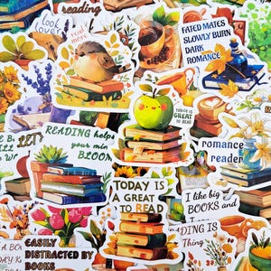 May include: A collection of colorful stickers with a reading theme. The stickers feature images of books, coffee cups, apples, flowers, and birds. Text includes phrases like "Today is a great to read" and "Easily distracted by books."