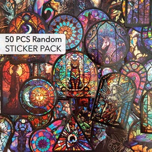 Stickerpakket van 50 stuks glas-in-lood, stickers gotisch glasmozaïek, caleidoscoopstickers, stickers gekleurd glas, glas-in-loodraam