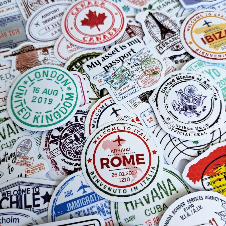 Passport Stamp, Sticker Pack, Travel Journal, Stickers, Scrapbook Travel, Luggage Stickers, Vacation Travel, gift for travellers, Travel Stamp, Suitcase Stickers, Travel Theme, Personalized Luggage, Vintage Stamp