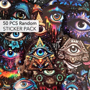 50 PCS Third Eye Sticker Pack, Evil Eye Stickers, Occult Eye Stickers, Mystical Eye Stickers, Masonic Pyramid Stickers, Psychedelic Eye