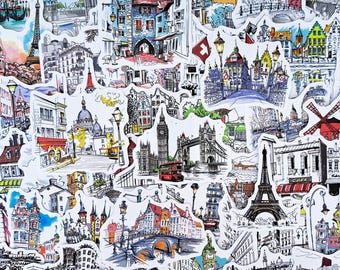 Pacchetto di adesivi con monumenti europei, adesivi disegnati a mano, architettura, viaggi, schizzi di città, centro storico ad acquerello