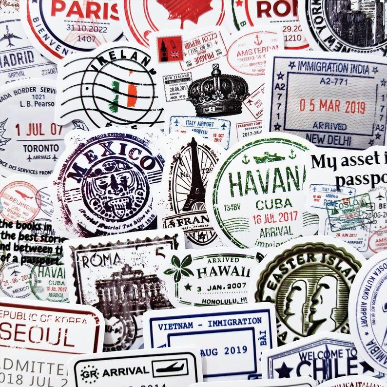Passport Stamp, Sticker Pack, Travel Journal, Stickers, Scrapbook Travel, Luggage Stickers, Vacation Travel, gift for travellers, Travel Stamp, Suitcase Stickers, Travel Theme, Personalized Luggage, Vintage Stamp