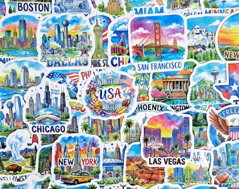 Pacchetto di adesivi da viaggio USA, adesivi con monumenti americani, luoghi famosi degli Stati Uniti, diario di viaggio