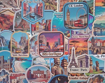 Pacchetto di adesivi con monumenti di viaggio, adesivi di città famose, diario di viaggio, illustrazioni del mondo, città europee