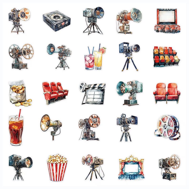 K&ouml;nnte beinhalten: Aquarellillustrationen von Vintage-Filmartikeln. Enth&auml;lt Filmkameras, eine Filmrolle, Popcorn, Kinosessel, eine Klappe und Getr&auml;nke. Die Bilder sind in einer Vielzahl von Farben gehalten, darunter Rot, Braun und Gold.