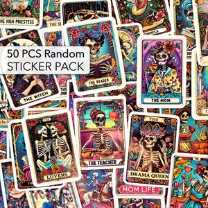 Lot de 50 stickers cartes tarot squelette, stickers cartes tarot tête de mort, stickers squelette sarcastique, stickers squelette femme, squelette gothique