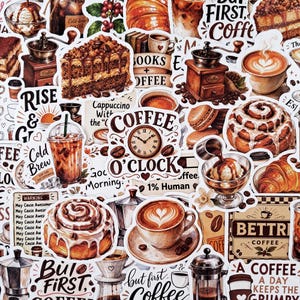 以下が含まれることがあります： ラテ、シナモンロール、コーヒーミル、ケーキなどのコーヒーをテーマにしたイラストが描かれたステッカーのコレクション。テキスト要素には、Coffee O'Clock、But First Coffee、Cold Brewなどのフレーズが様々なフォントで含まれています。