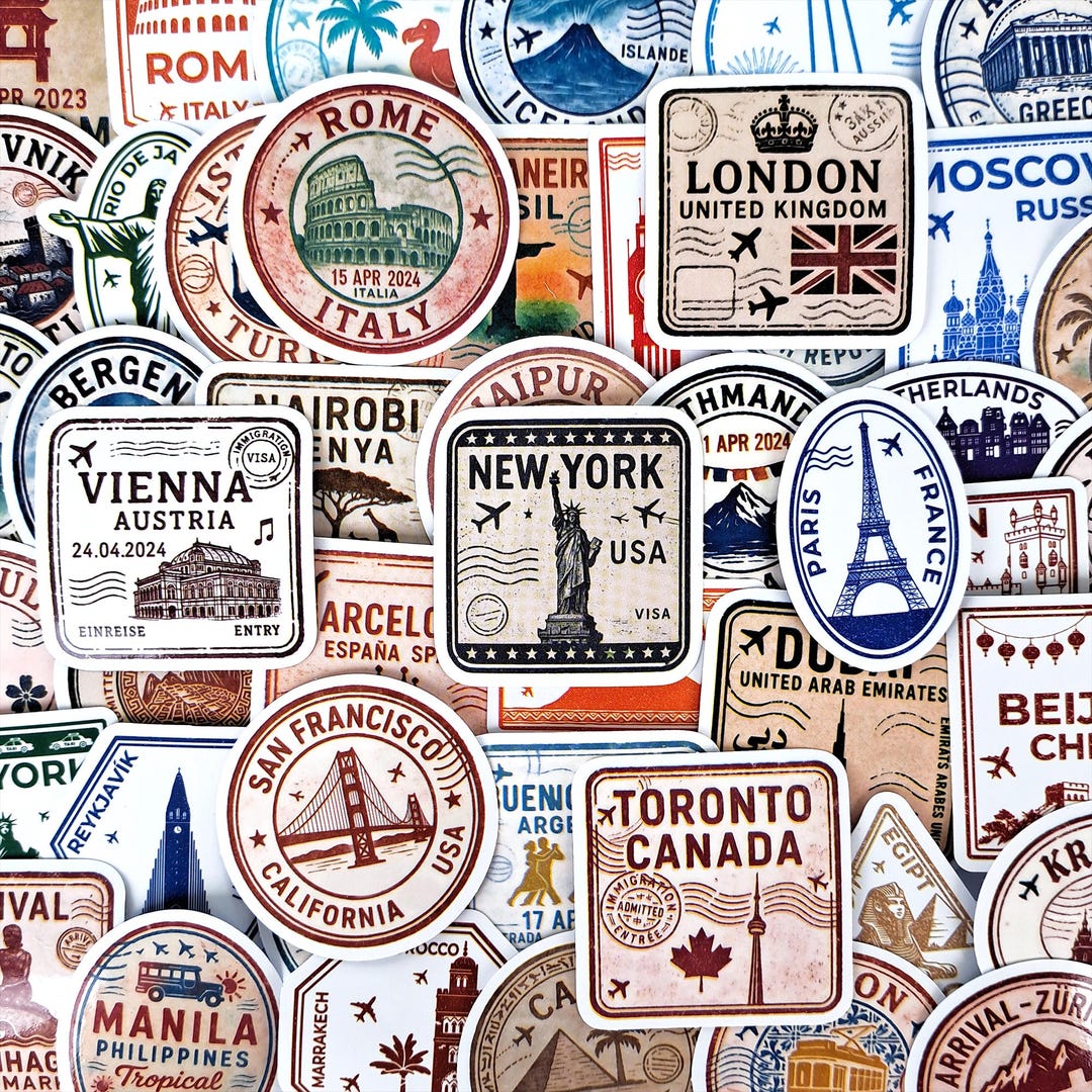 Travel Stamp Sticker Pack, Passport Style World Cities Stickers, City ...