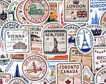 Confezione di adesivi a tema viaggi, adesivi con città del mondo in stile passaporto, etichette per bagagli con città.