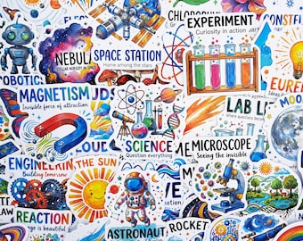 Pacchetto di adesivi scientifici educativi, adesivi STEM per la classe, adesivi per astronomia, chimica, laboratorio e biologia per la scuola