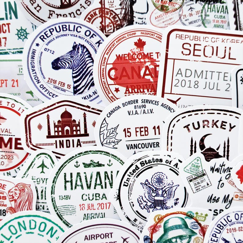 Passport Stamp, Sticker Pack, Travel Journal, Stickers, Scrapbook Travel, Luggage Stickers, Vacation Travel, gift for travellers, Travel Stamp, Suitcase Stickers, Travel Theme, Personalized Luggage, Vintage Stamp
