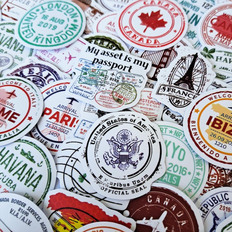 Passport Stamp, Sticker Pack, Travel Journal, Stickers, Scrapbook Travel, Luggage Stickers, Vacation Travel, gift for travellers, Travel Stamp, Suitcase Stickers, Travel Theme, Personalized Luggage, Vintage Stamp