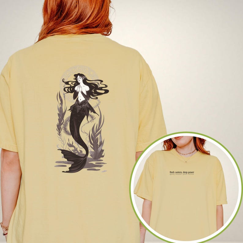 Gothic Mystical Mermaid Tee, Beach Shirt for Women, Yellow Butter