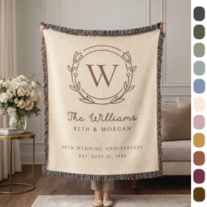 May include: Beige woven throw blanket with a brown floral wreath design and the letter "W" in the center. The text "The Williams, Beth & Morgan, 40th Wedding Anniversary, Est. July 21, 1986" is printed below the wreath. The blanket has a fringed edge.