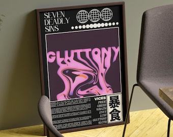 Vices: Gluttony Seven Deadly Sins Digital Download, Neon Pink Abstract Poster, Halloween Decor, Psychedelic Glitch Art, [Vices & Virtues]