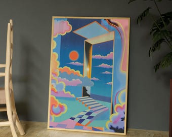 Puede incluir: Una impresión artística enmarcada que presenta un paisaje surrealista con una puerta que se abre a un cielo con un sol. La obra de arte utiliza una paleta de azules, naranjas y rosas. El texto "[Digital Reverie] Collection" está en la parte inferior.