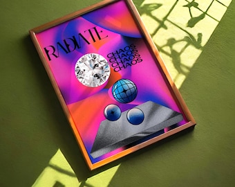 May include: A framed art print with a vibrant design. The artwork features the word "RADIATE" in white, a diamond, a blue globe, and the word "CHAOS" repeated. The background has a colorful gradient of pink, orange, and blue. The frame is a light brown color.