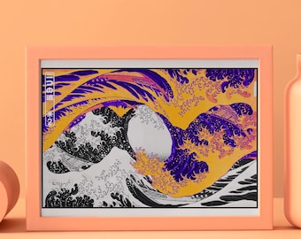 The Retro Waves Print, Japanese Ukiyo-e Inspired Wall Decor, The Great Wave, Abstract Vaporwave Poster, Eclectic Oriental Print, [Far East]