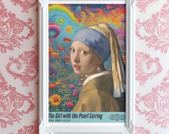 Girl with the Pearl Earring: Reimagined Print, Psychedelic Floral Museum Mashup Print, Maximalist Dopamine Decor Poster, [Full Bloom]