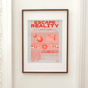 Escape Reality Digital Download, Y2K Internet Digital Nostalgia Poster, Bold Red Typographic Design, Dopamine Decor, Funky Art, [Trippy]