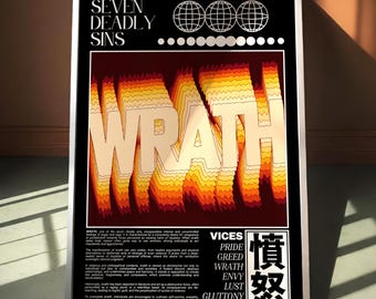 Vices: Wrath Seven Deadly Sins Print, Bold Glitch Japanese Typography Poster, Dark Aesthetic Graphic Art, Unique Decor, [Vices & Virtues]