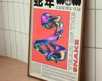Year of the Snake Print - Digital Download, Lunar New Year Art, Chinese Zodiac Wall Art, Holographic Snake Poster, Trippy Decor, [Lunar]