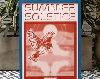 Summer Solstice Print, Surreal Sunset Poster, Cosmic Mystical Energy Art, Retro Bird Print, Nostalgic Art, Red Monochrome Poster, [Cosmos]