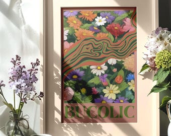 Bukolische Blumen Print, Retro Floral Rosa und Grün Kunstdruck, Botanisches Cottagcore Poster, Psychedelisches Ästhetisches Dekor, [Vollblüte]