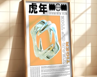 Jahr des Tigers Druck, Chinesisches Mond-Kunstwerk, Tiger Sternzeichen Poster, Trippy Orange Tierkunstwerk, Minimales Horoskop-Dekor, [Lunar]