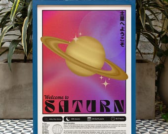 Welcome to Saturn Print, Retro Futuristic Space Poster, Vaporwave Aesthetic, Cosmic Wall Art, Dream Galaxy Art, Science Gift, [Cosmos]