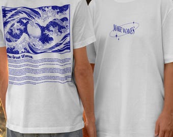 The Blue Waves T-Shirt, Japanese Minimalist Streetwear Graphic Tee, The Great Wave, Blue Monochrome Shirt, Ocean Surf Design, [Far East]