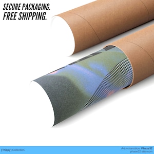 Close-up of rolled art prints packaged in sturdy brown cardboard tubes with white caps, highlighting secure protection for delivery. Text overlay reads “Secure Packaging. Free Shipping.” Emphasizes durability, safe shipping, and professional presentation for posters and prints. Modern product image designed to assure buyers of quality packaging and free worldwide shipping.