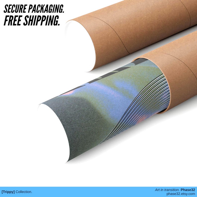 Close-up of rolled art prints packaged in sturdy brown cardboard tubes with white caps, highlighting secure protection for delivery. Text overlay reads “Secure Packaging. Free Shipping.” Emphasizes durability, safe shipping, and professional presentation for posters and prints. Modern product image designed to assure buyers of quality packaging and free worldwide shipping.