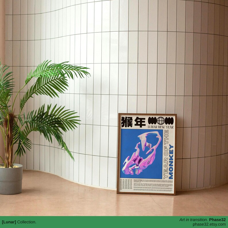 Art print mounted above green tiles and next to a leafy plant, creating a tranquil yet colorful focal point.