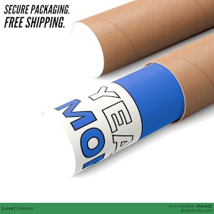 Print rolled into a branded kraft tube with “Secure Packaging – Free Shipping” message and a visible peek of the monkey artwork.