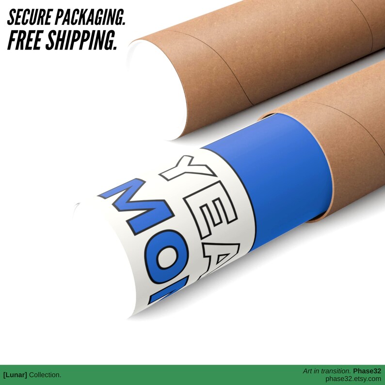 Print rolled into a branded kraft tube with “Secure Packaging – Free Shipping” message and a visible peek of the monkey artwork.