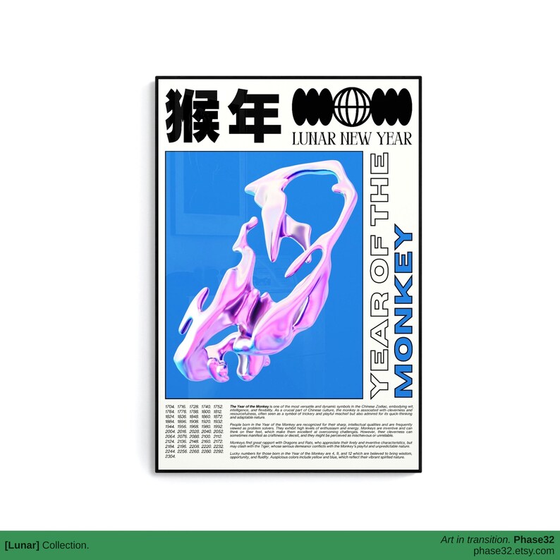 “Year of the Monkey” poster displayed flat against a clean white background, emphasizing the graphic illustration and bold palette.