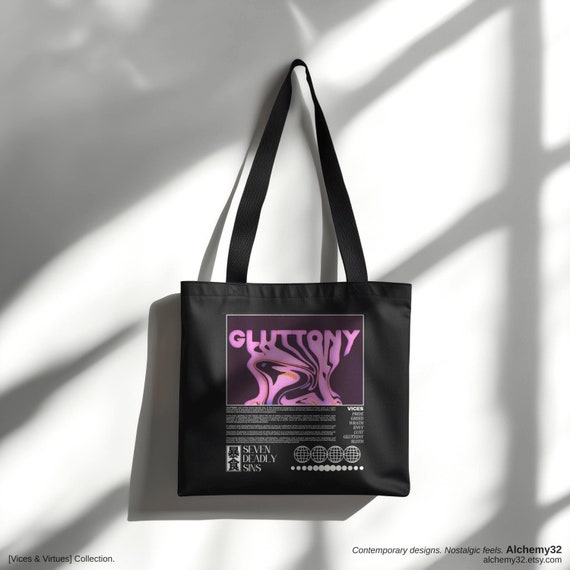 Vices Gluttony Seven Deadly Sins Tote Bag Typographic Print Psychedelic Grunge Design Modern Black Cotton Canvas Bag vices Virtues Etsy
