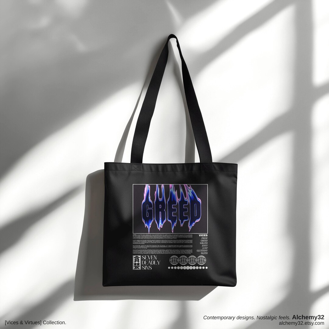 Vices Greed Seven Deadly Sins Tote Bag Typographic Print Trippy Goth Design Modern Black Cotton Canvas Bag vices Virtues Etsy