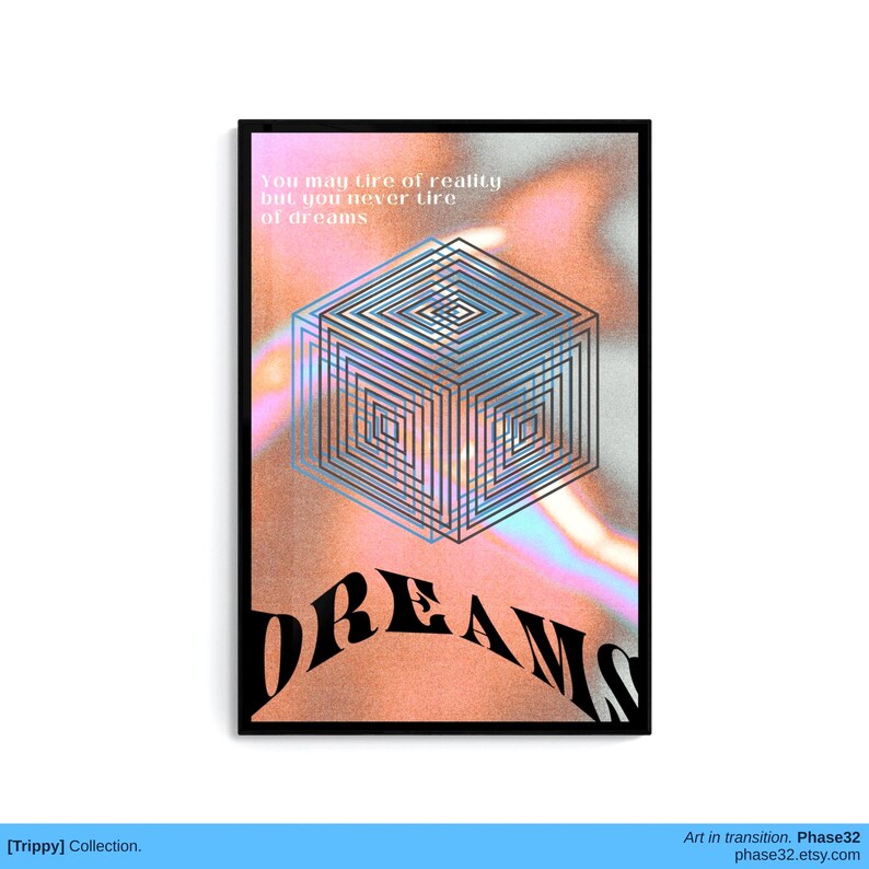 Close-up of the “DREAMS” print, clearly showing the digital glitch grid and warped typography against the pink-orange backdrop.