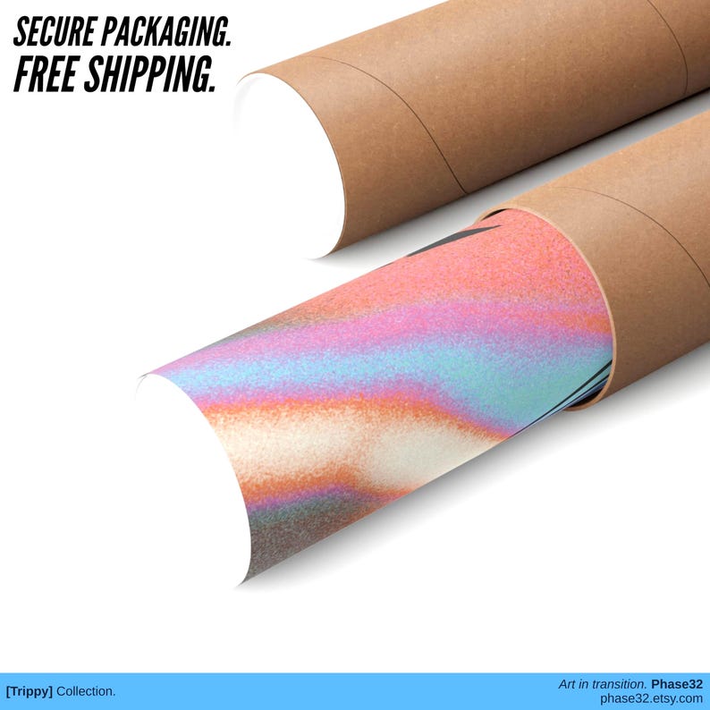 Rolled art print with vibrant rainbow gradient colors packaged securely inside a durable brown cardboard shipping tube with white cap. Bold text overlay reads “Secure Packaging. Free Shipping.” Emphasizes safe delivery, sturdy protection, and professional presentation of posters and wall art. Designed to reassure buyers that their prints will arrive in perfect condition with free shipping included.